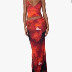 Elegant Red Floral Women's Skirt and top